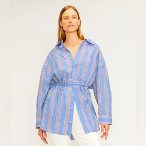 NWT Everlane Tie Back Poplin Shirt in Blue Opal/Cabernet/White in size S